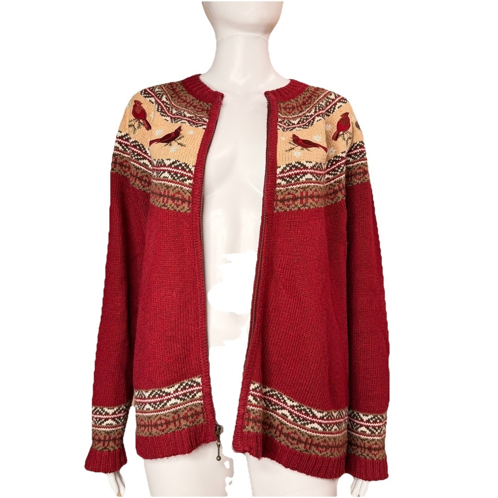 Croft & Barrow Sweater Brick Red Cardigan Cardinals Nordic Fair Isle Zip-Up SZ-M